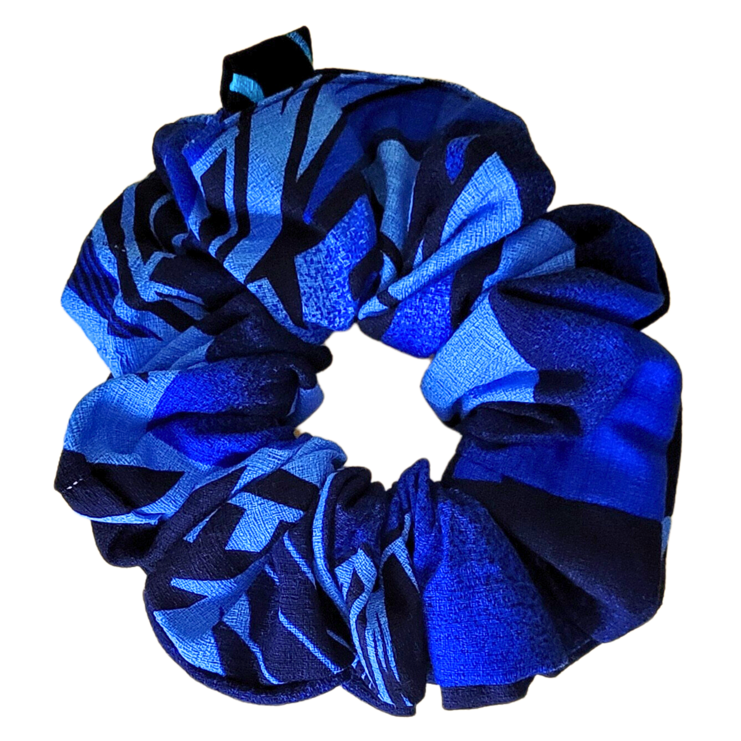 Pasifika hair scrunchies. made from cotton. pacific island pattered fabric. sizes available small, medium, large and extra large. this style is blue