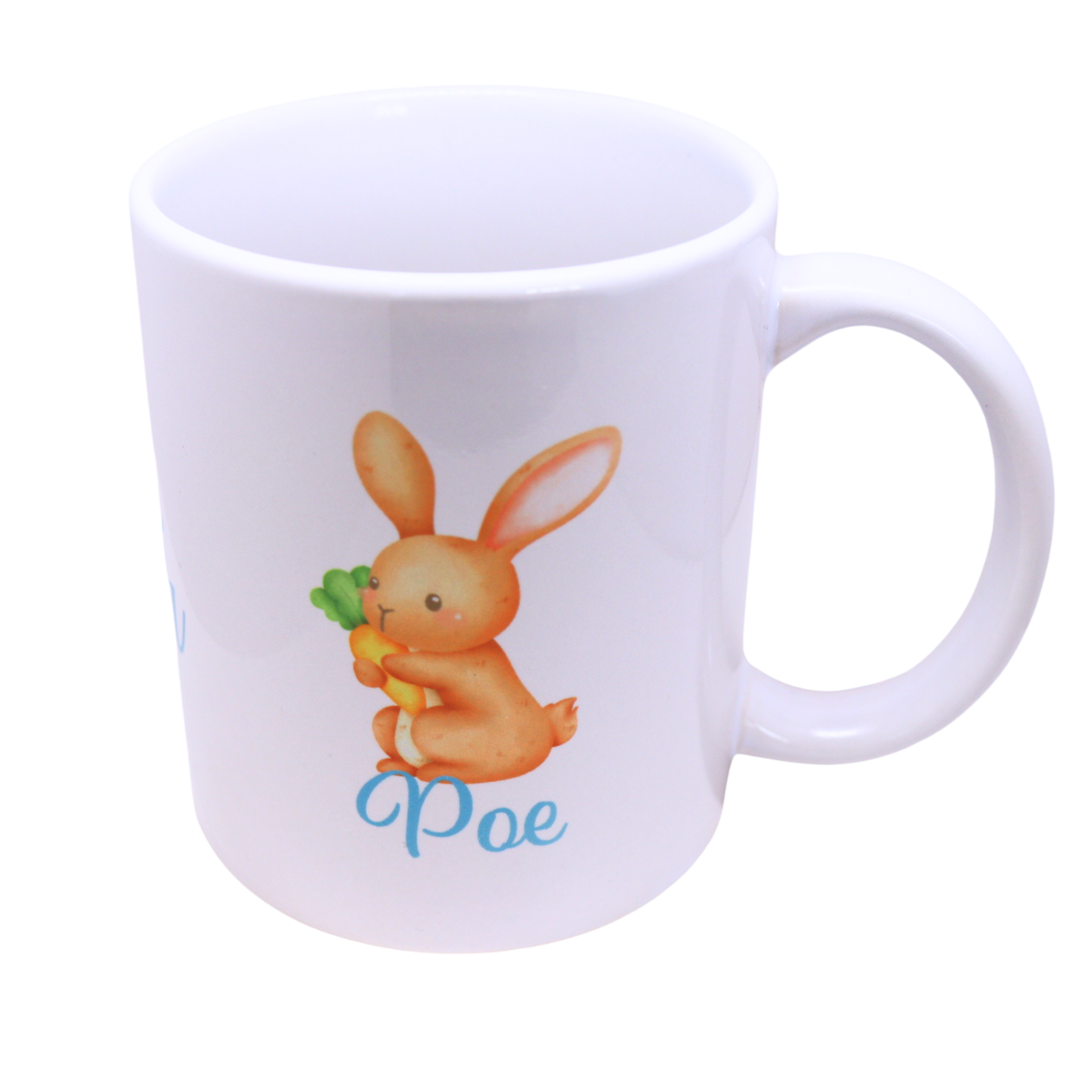 personalised easter mug. holds 325ml liquid. style is blue with bunny