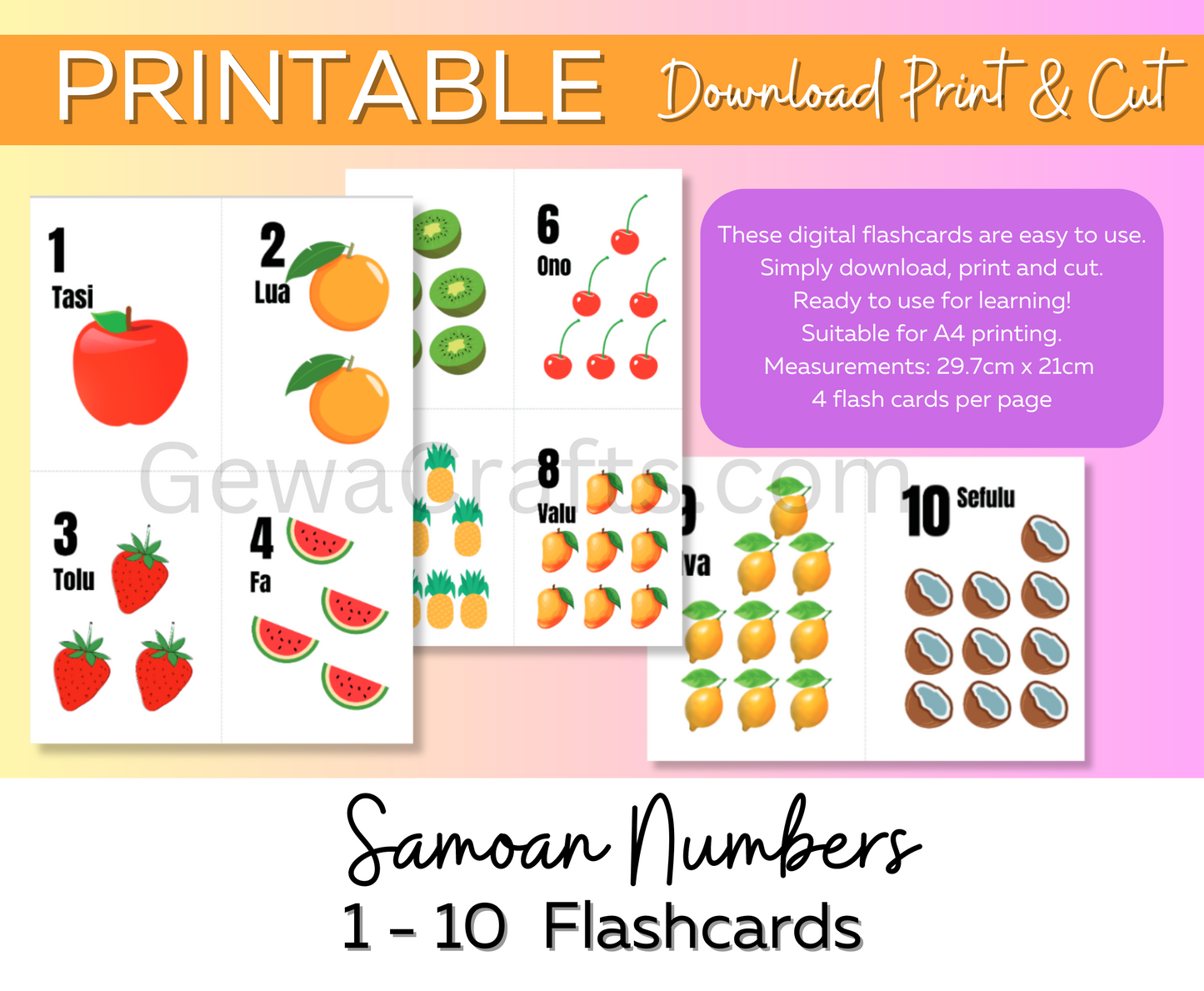 Learn Samoa Numbers 1 to 10 Flashcards - You print these!