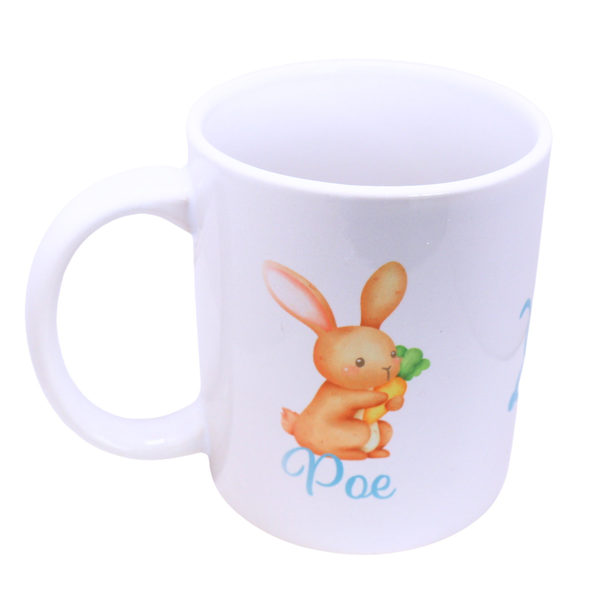 personalised easter mug. holds 325ml liquid. style is blue with bunny