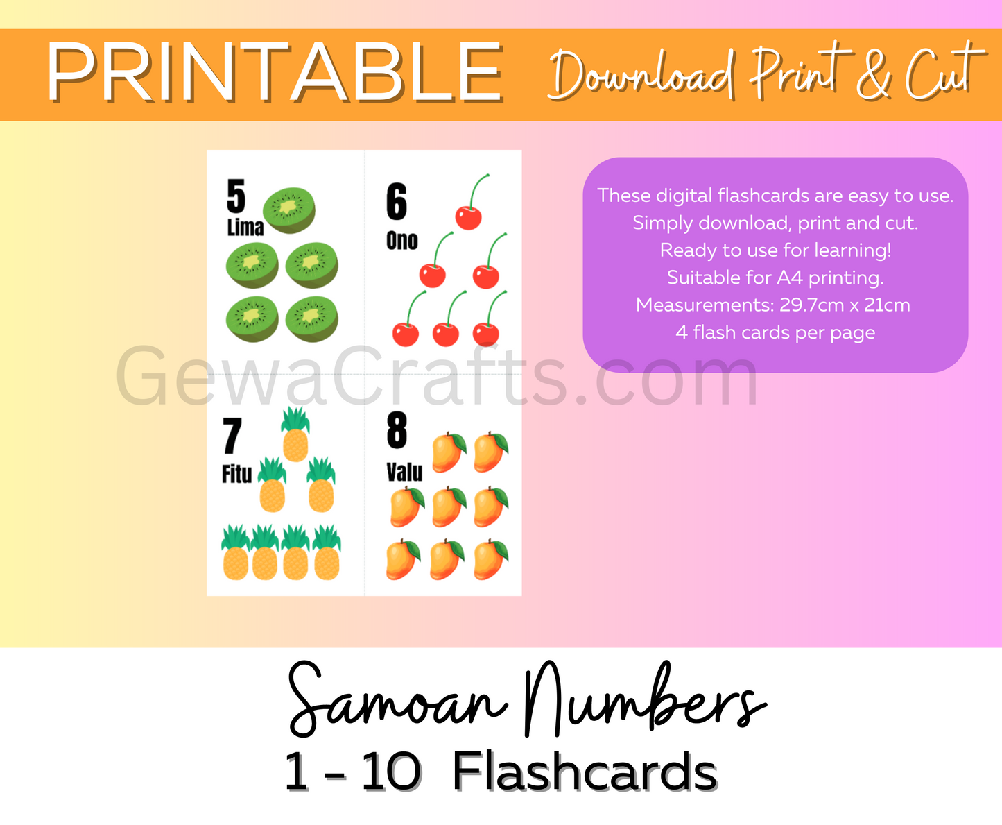 Learn Samoa Numbers 1 to 10 Flashcards - You print these!