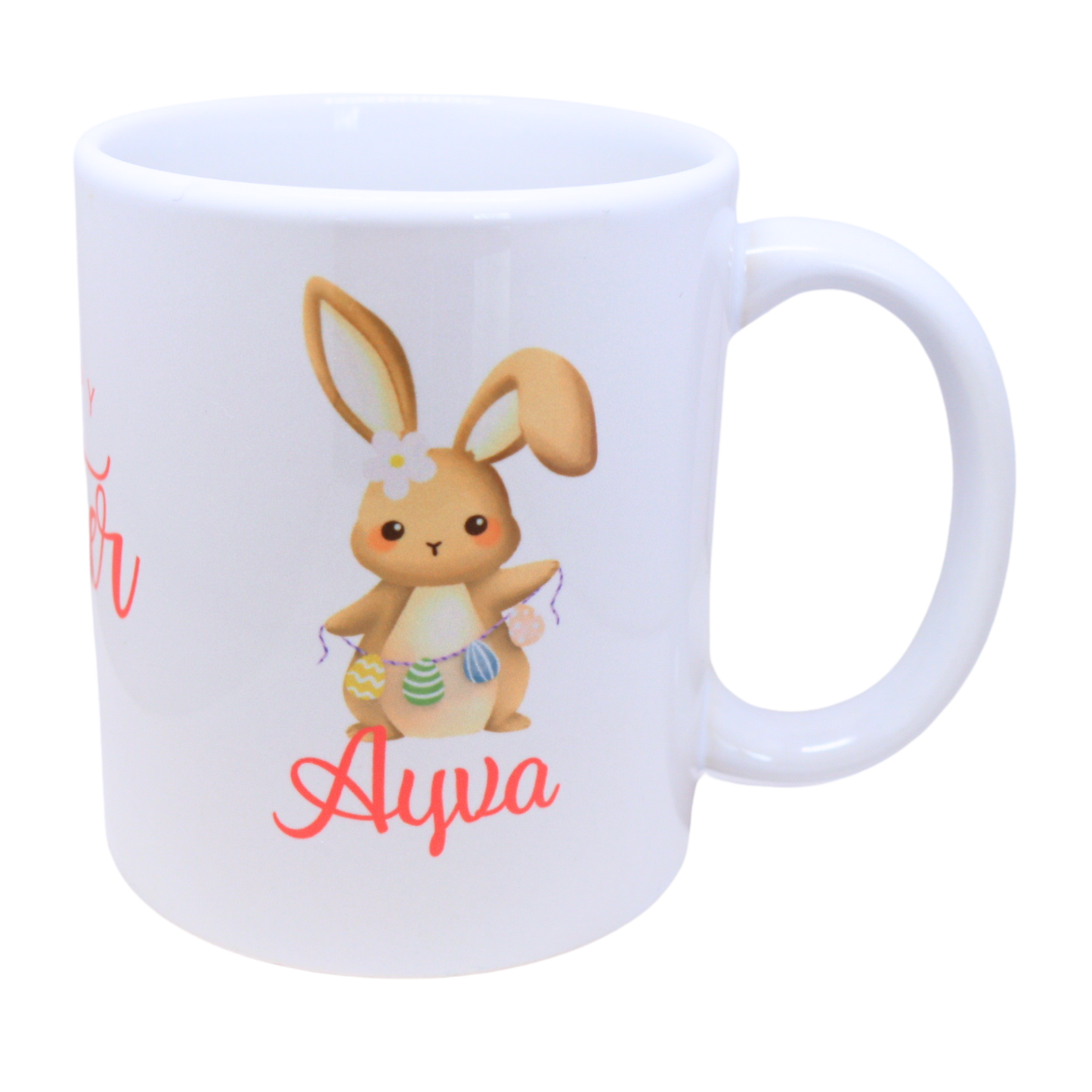 personalised easter mug. holds 325ml liquid. style is pink with bunny