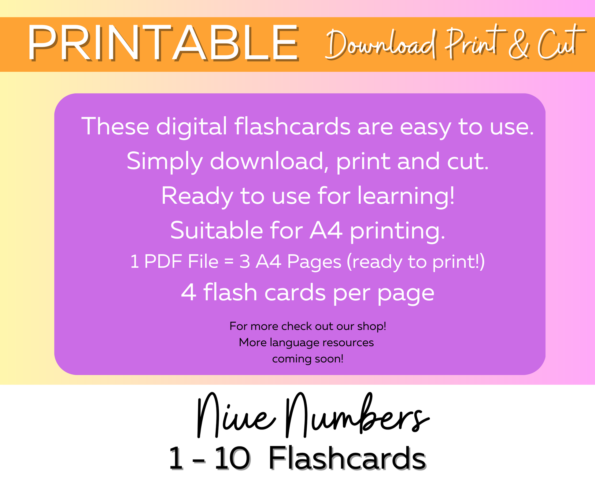 download and print niue educational flash cards. numbers 1 to 10.