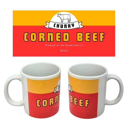 Pasifika Pantry ceramic mug featuring a vintage-style corned beef can design in red and white, inspired by South Pacific pantry staples.