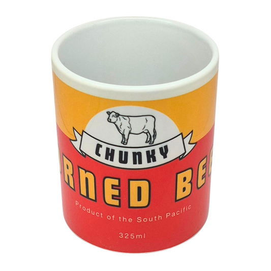 Pasifika Pantry ceramic mug featuring a vintage-style corned beef can design in red and white, inspired by South Pacific pantry staples.