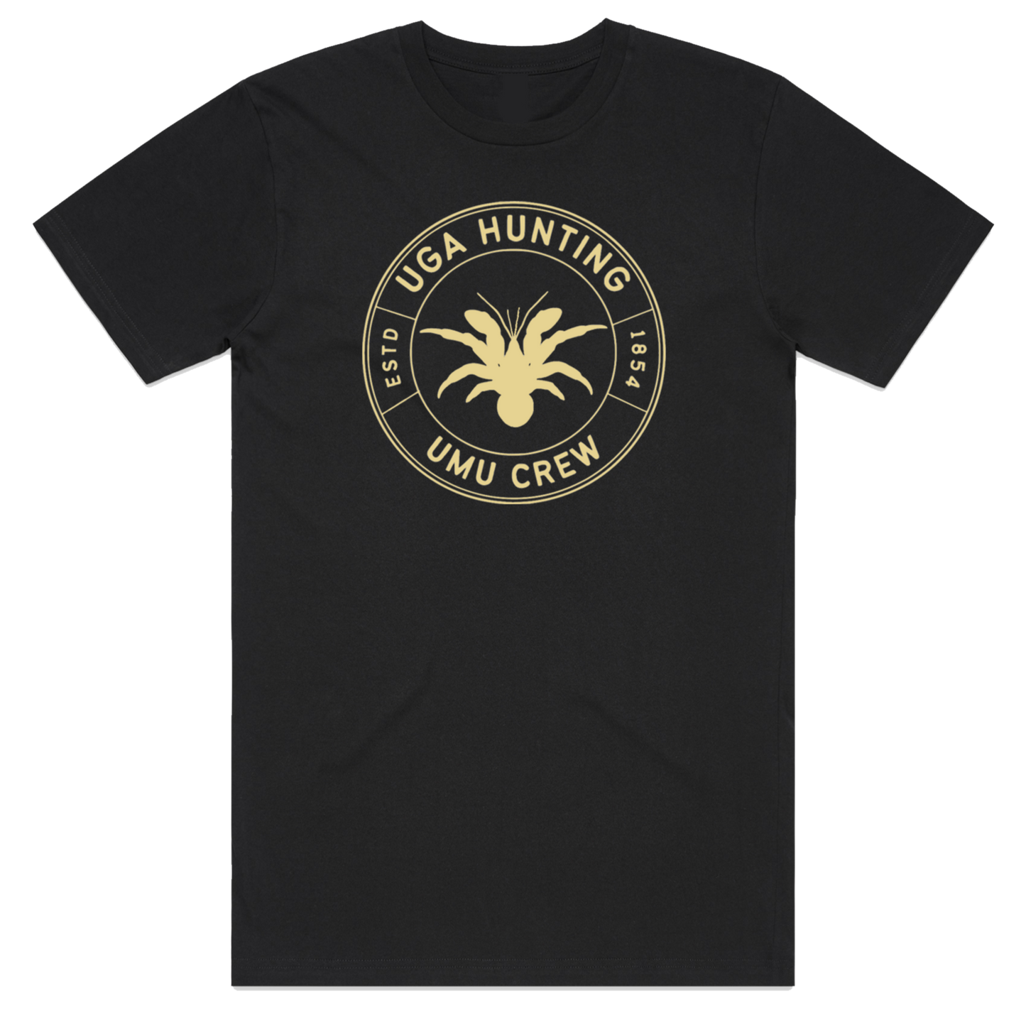 Uga hunting t-shirt design. part of the umu crew collection. gold design on a black t-shirt. features a coconut crab or Uga in Niue.