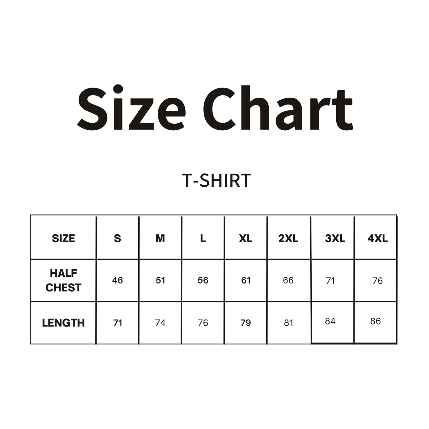 SIZE chart for tshirts with measurements in a table from small to 4xl