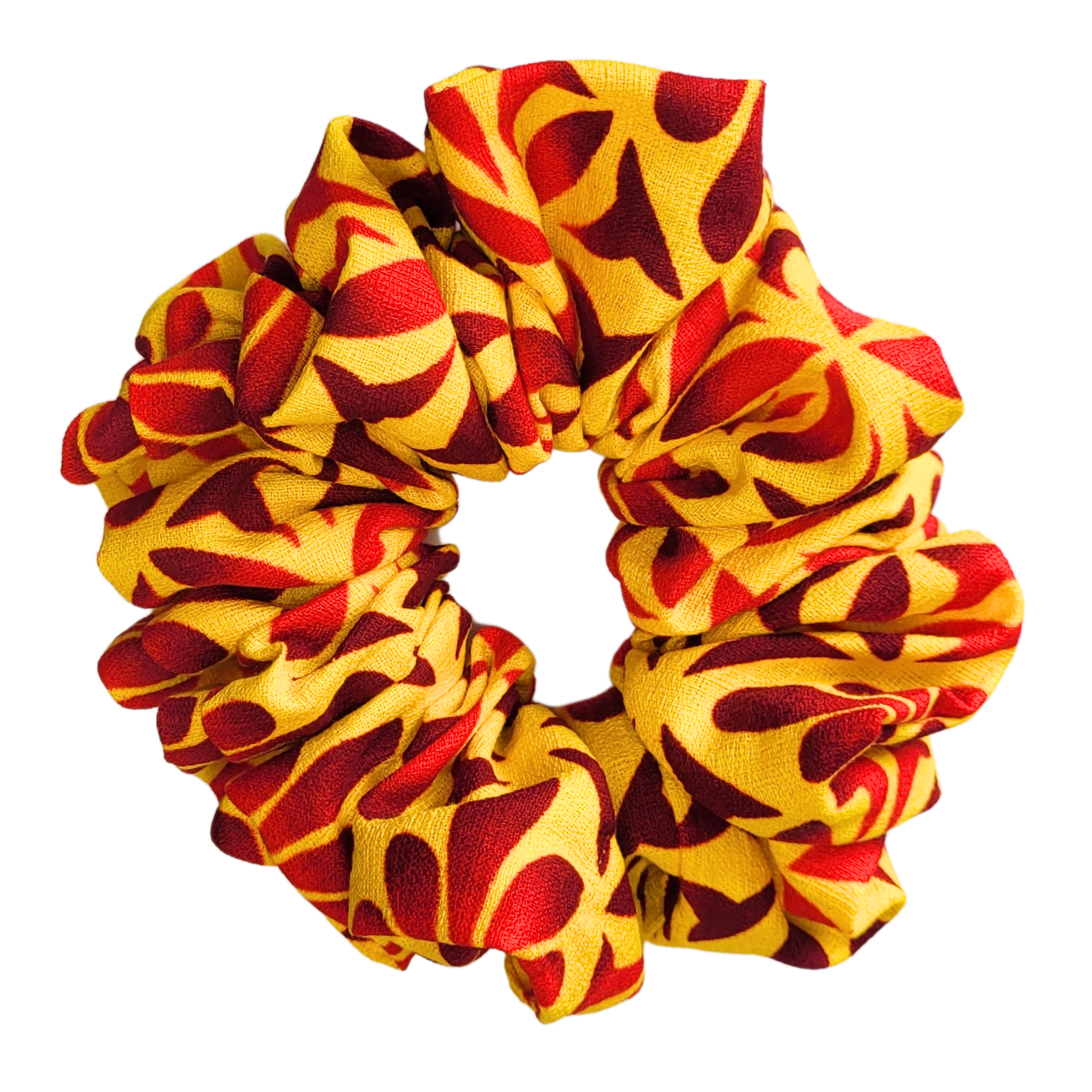 Pasifika hair scrunchies. made from cotton. pacific island pattered fabric. sizes available small, medium, large and extra large. this style is yellow red