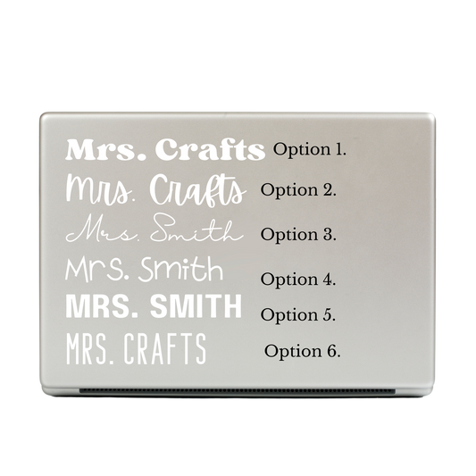 durable laptop name labels. 6 different styles to choose from. easy to apply to smooth surfaces. long lasting. colour available is white.