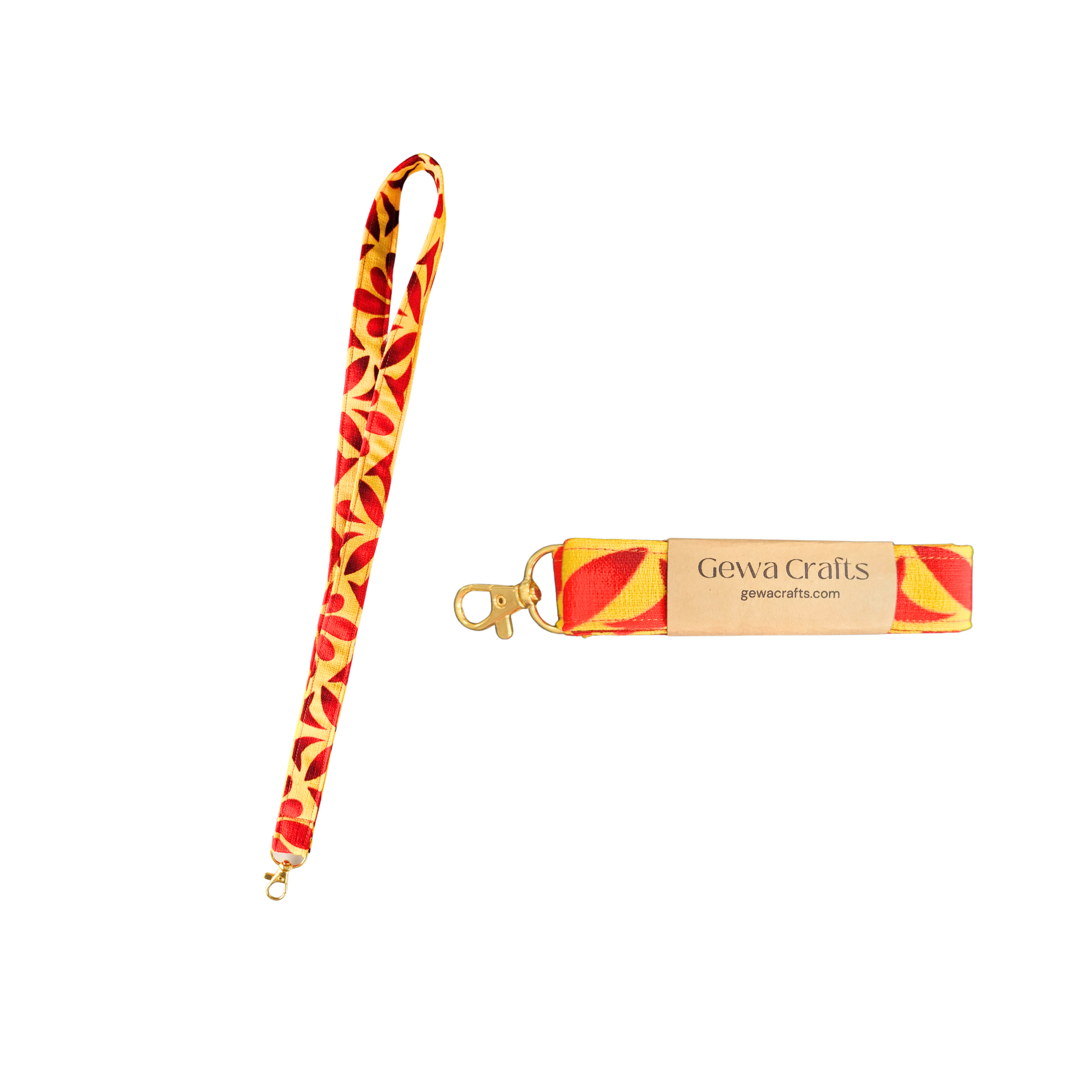 Pasifika styled lanyard. gold clip. beautifully handcrafted. colour yellow and red. perfect to add to gifts
