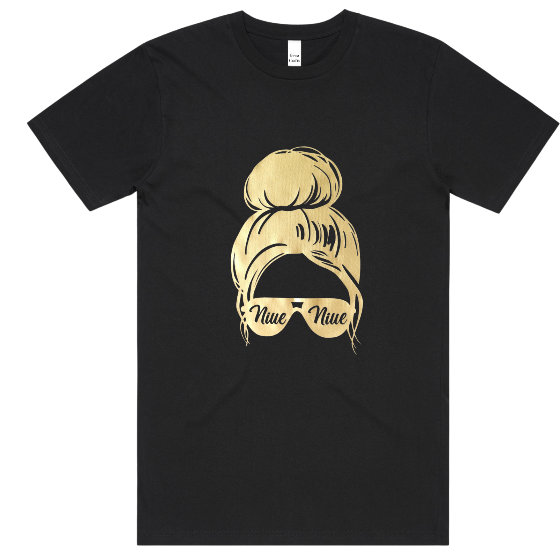 Island Chic black t-shirt. gold vinyl design of a lady wearing sunglasses that say Niue on them. Her hair in a messy bun. 