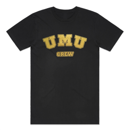 Umu crew t-shirt. gold design in college lettering on a black t-shirt. perfect for all wear.