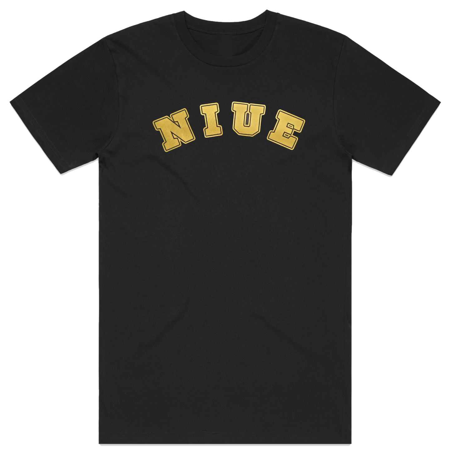 Niue collage styled lettering on black t-shirt. perfect for everyday wear. 