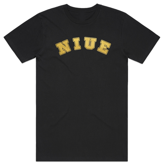 Niue collage styled lettering on black t-shirt. perfect for everyday wear. 
