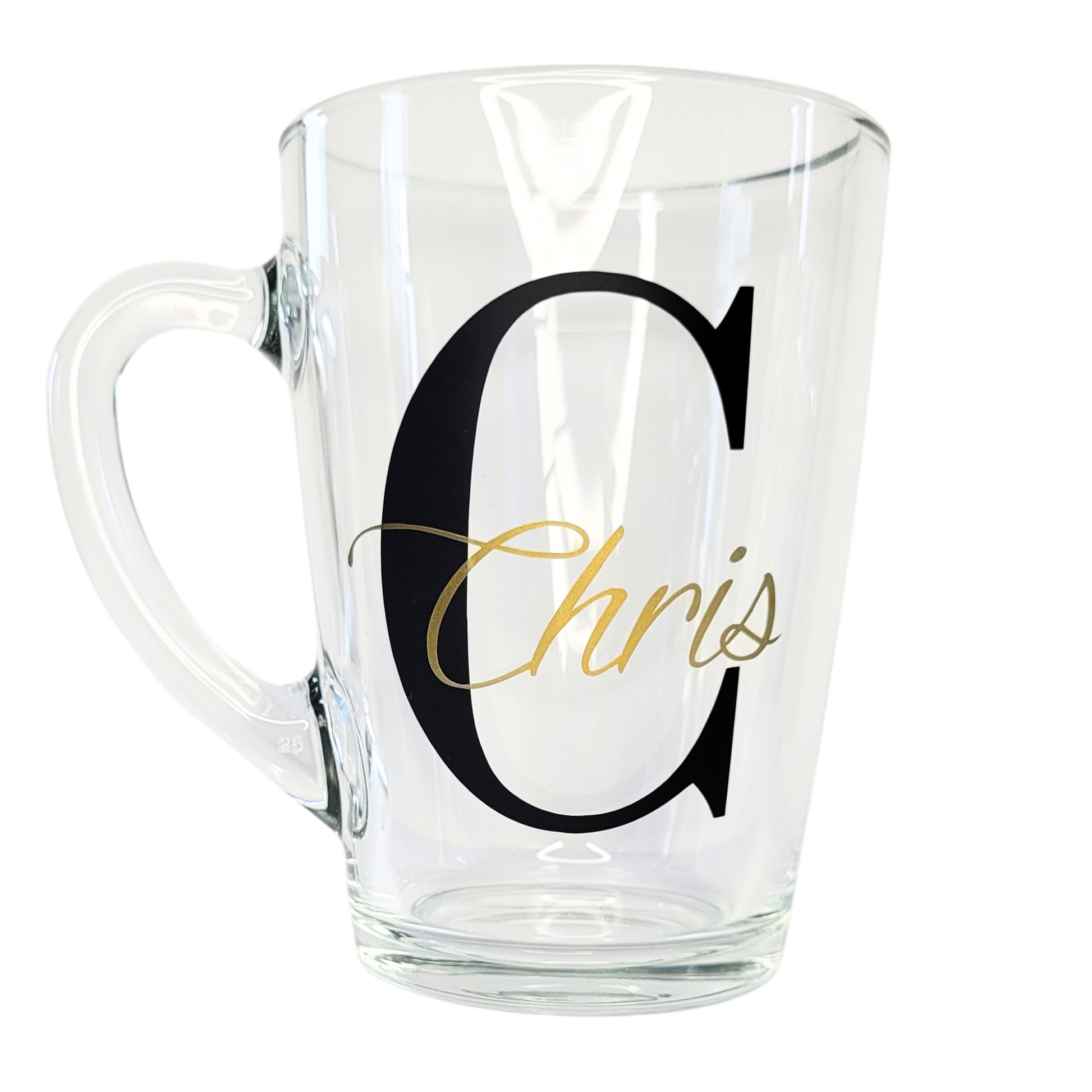 personalised glass mug. tempered glass. holds 320ml of liquid. black intital and gold written name. perfect for gifts