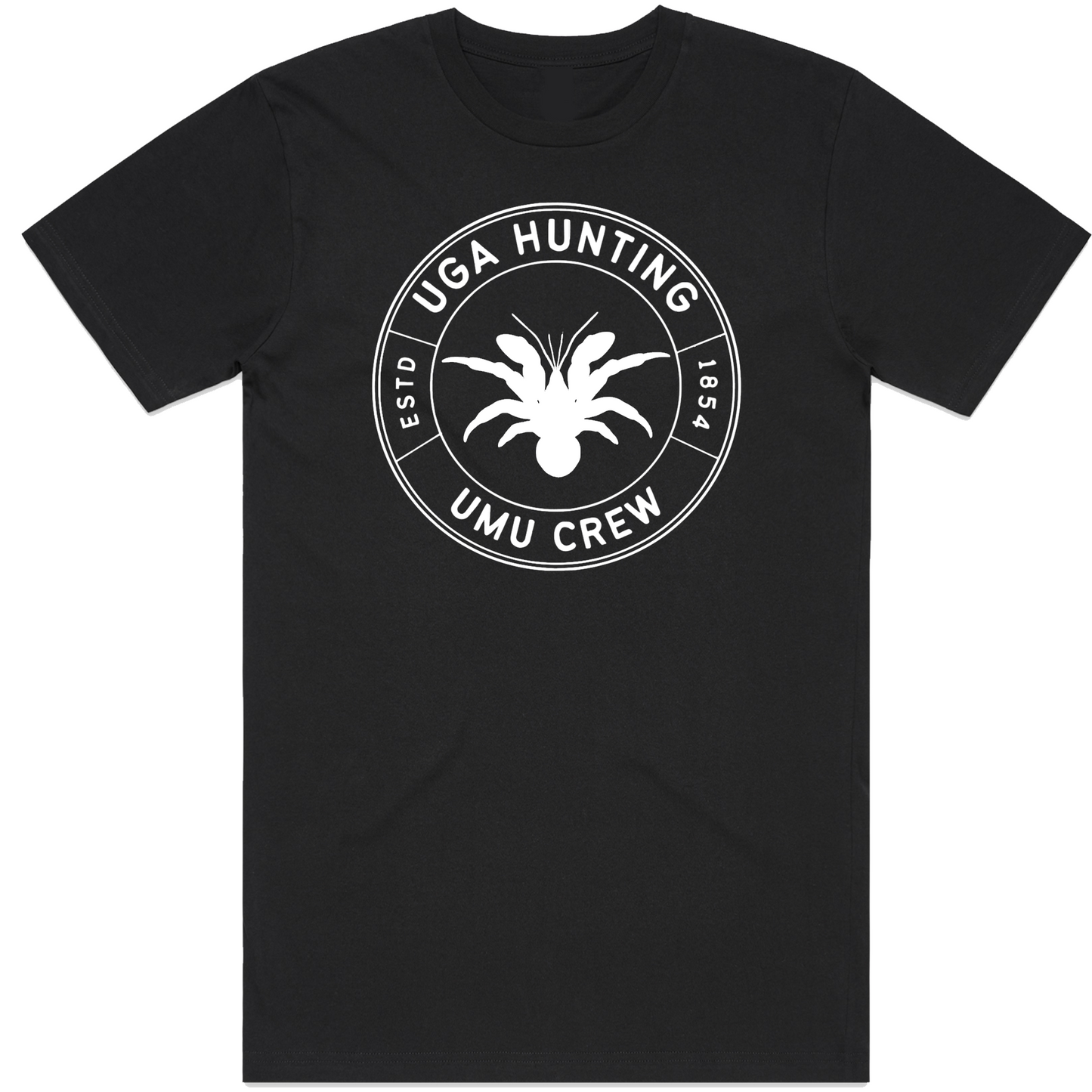 Uga hunting t-shirt design. part of the umu crew collection. white design on a black t-shirt. features a coconut crab or Uga in Niue.