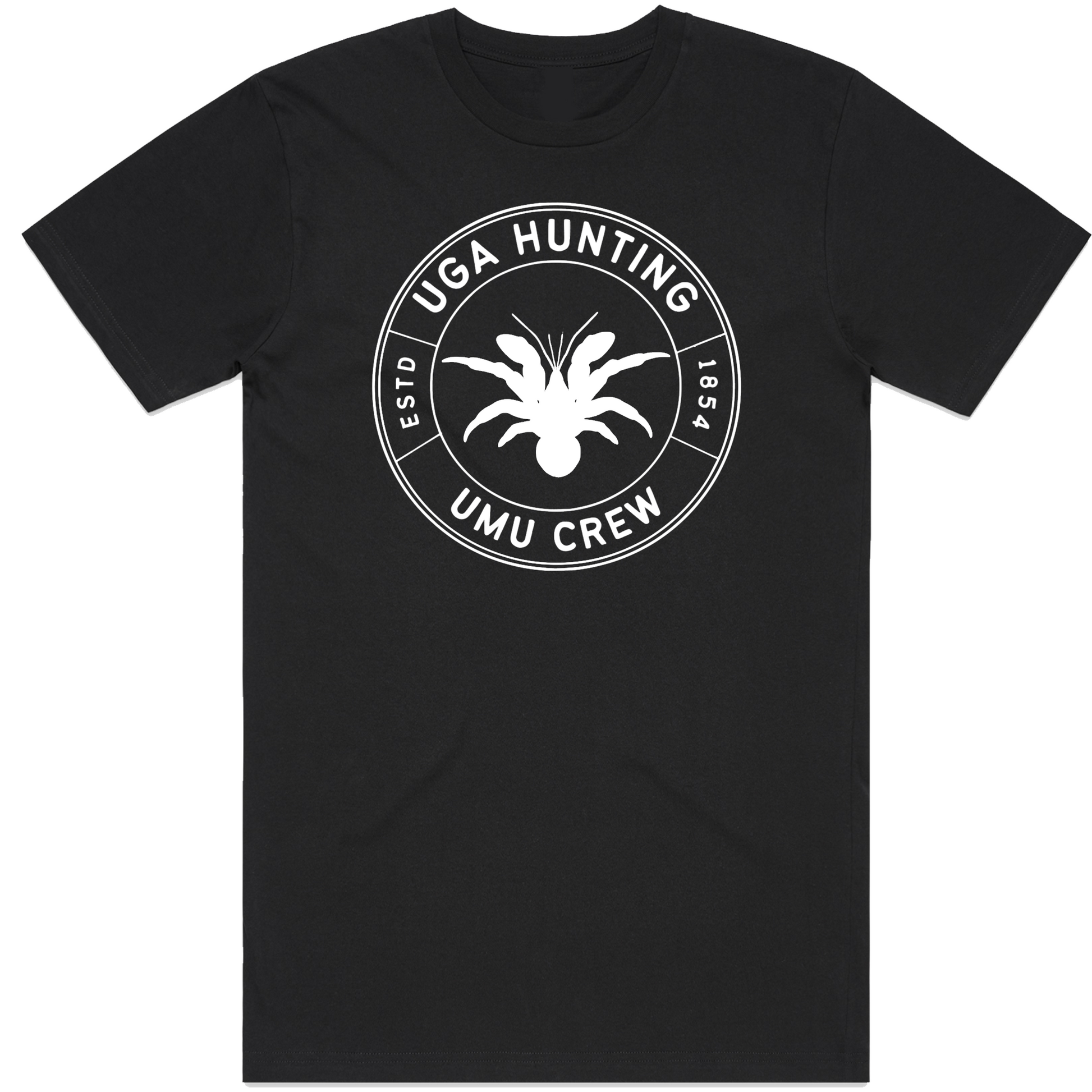 Uga hunting t-shirt design. part of the umu crew collection. white design on a black t-shirt. features a coconut crab or Uga in Niue.